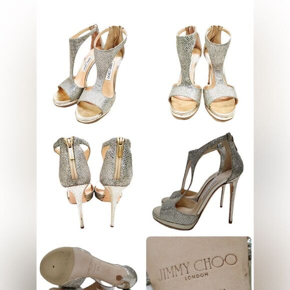 JIMMY CHOO SPARKLY GLITTERY T STRAP PEEP TOE HIGH HEEL STILETTO SHOES SIZE 37.5 - Picture 7 of 7